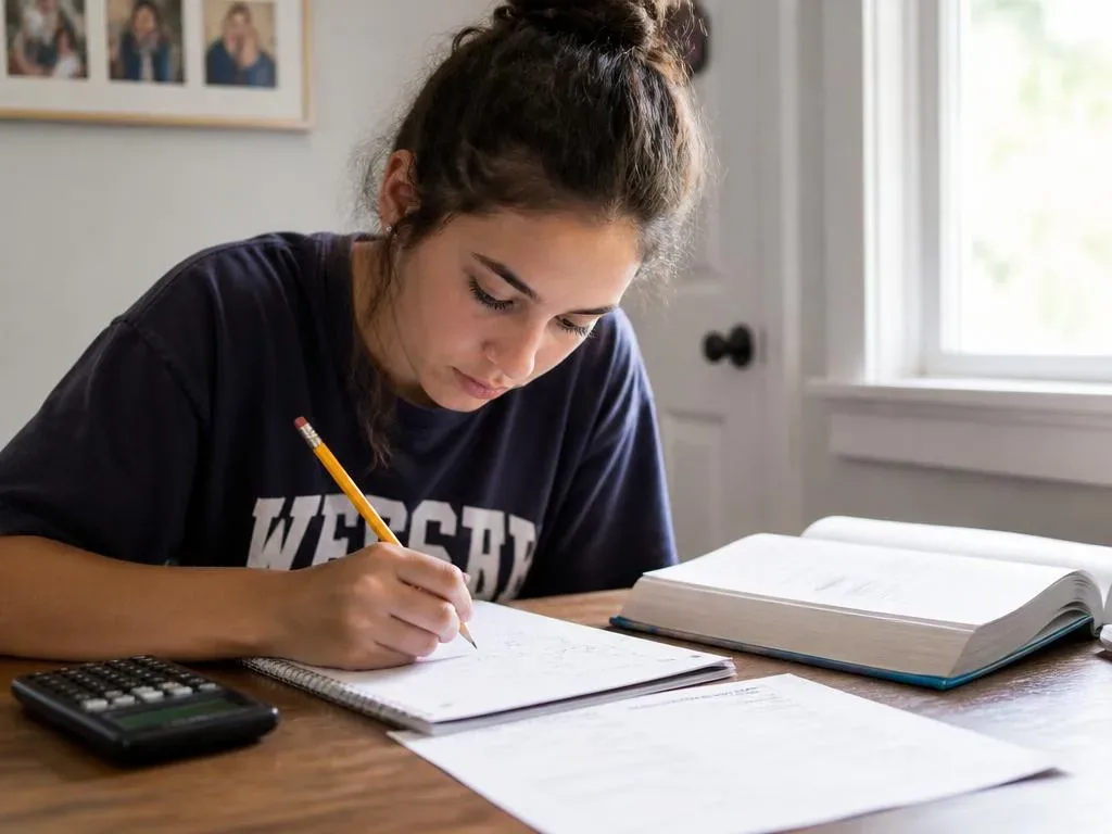 A student solving algebra problems in a notebook with a calculator and textbook